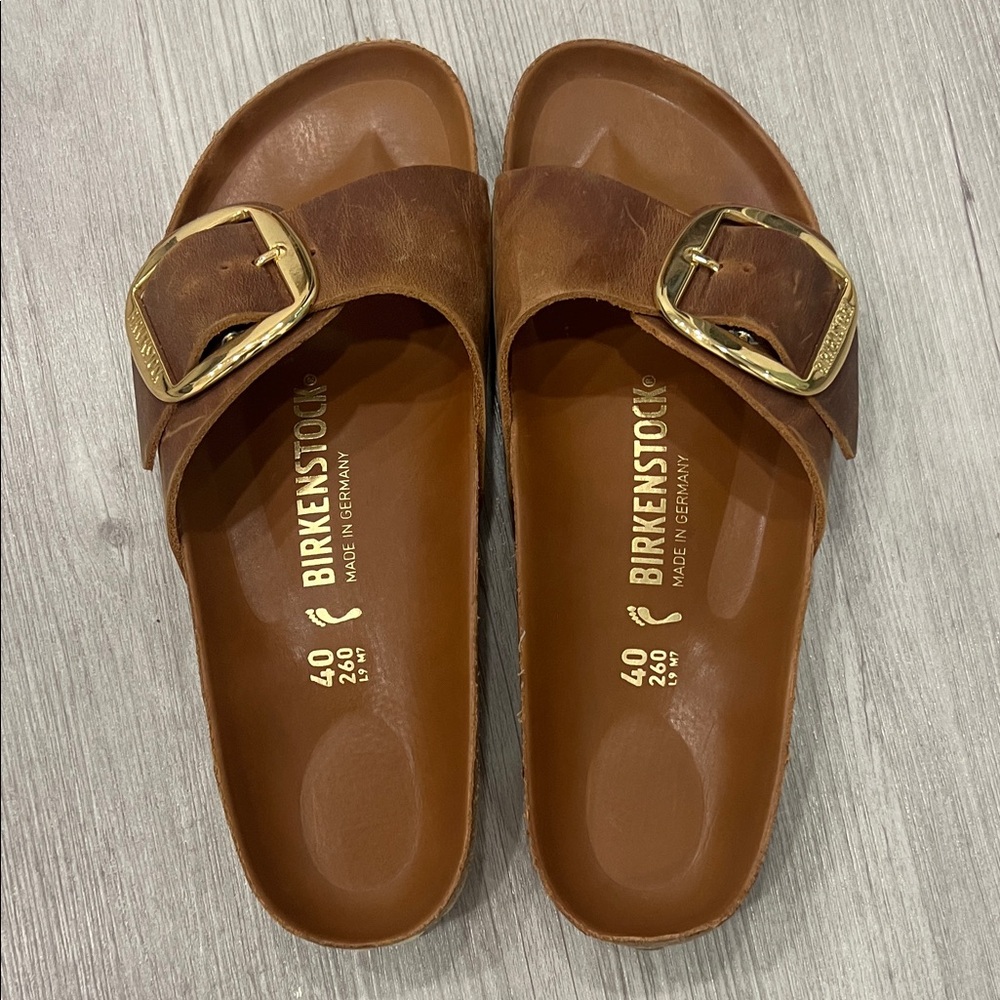 Birkenstock Tan Slides with Gold Buckle